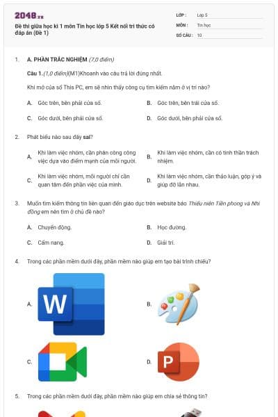 Đề thi giữa học kì 1 môn Tin học lớp 5 Kết nối tri thức có đáp án (Đề 1)