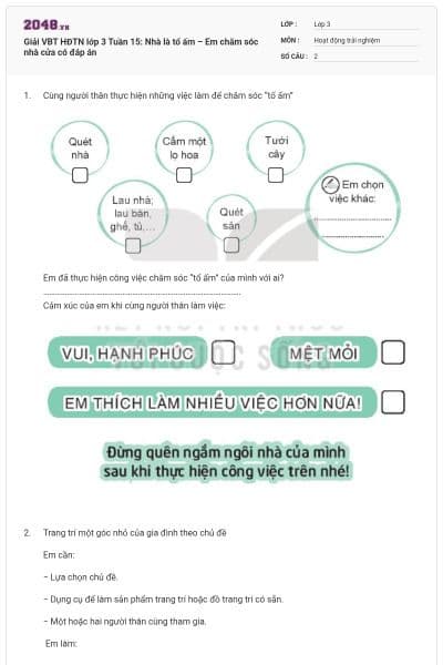 Giải VBT HĐTN lớp 3 Tuần 15: Nhà là tổ ấm – Em chăm sóc nhà cửa có đáp án