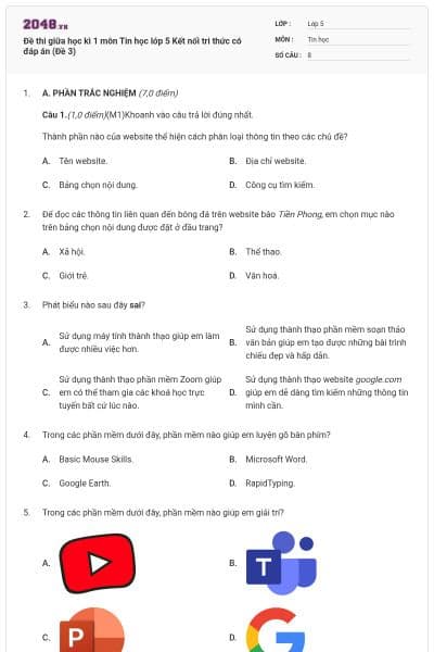 Đề thi giữa học kì 1 môn Tin học lớp 5 Kết nối tri thức có đáp án (Đề 3)