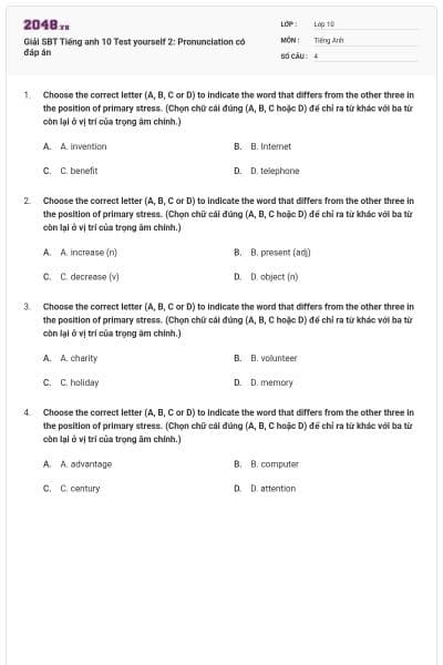 Giải SBT Tiếng anh 10 Test yourself 2: Pronunciation có đáp án