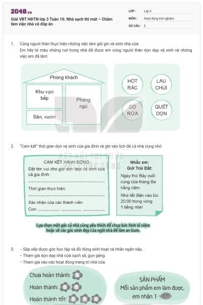 Giải VBT HĐTN lớp 3 Tuần 16: Nhà sạch thì mát – Chăm làm việc nhà có đáp án