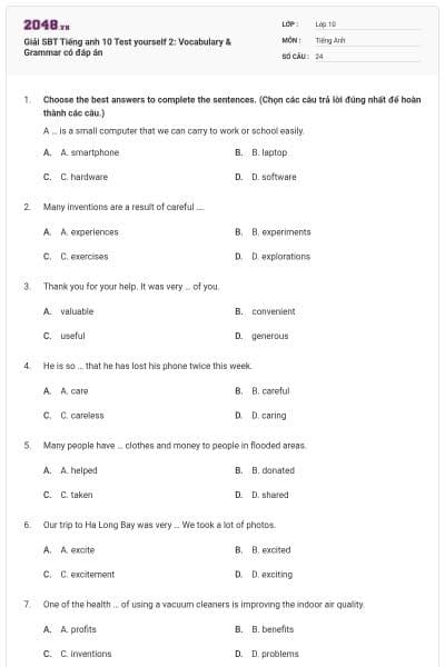 Giải SBT Tiếng anh 10 Test yourself 2: Vocabulary & Grammar có đáp án