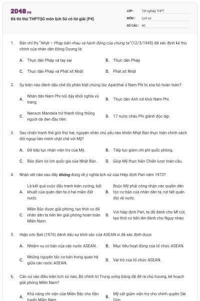 Đề thi thử THPTQG môn lịch Sử có lời giải (P4)