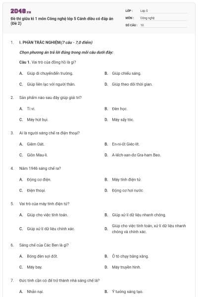 Đề thi giữa kì 1 môn Công nghệ lớp 5 Cánh diều có đáp án (Đề 2)