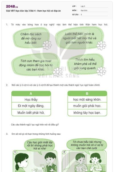 Giải VBT Đạo đức lớp 3 Bài 4 : Ham học hỏi có đáp án