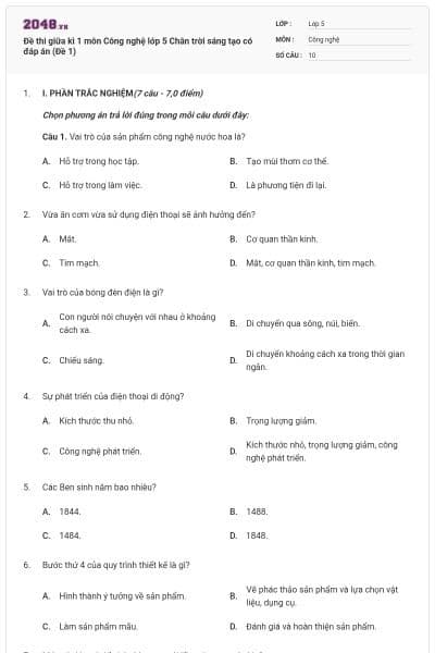 Đề thi giữa kì 1 môn Công nghệ lớp 5 Chân trời sáng tạo có đáp án (Đề 1)
