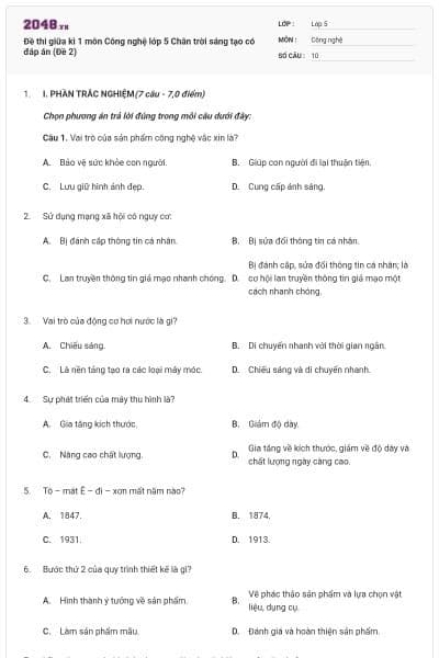 Đề thi giữa kì 1 môn Công nghệ lớp 5 Chân trời sáng tạo có đáp án (Đề 2)