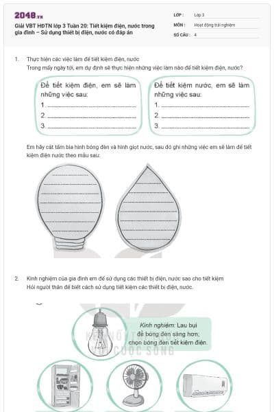 Giải VBT HĐTN lớp 3 Tuần 20: Tiết kiệm điện, nước trong gia đình – Sử dụng thiết bị điện, nước có đáp án