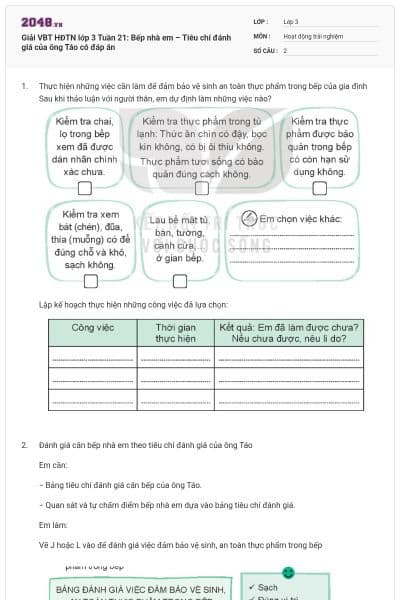 Giải VBT HĐTN lớp 3 Tuần 21: Bếp nhà em – Tiêu chí đánh giá của ông Táo có đáp án