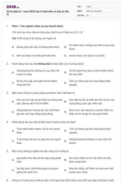 Đề thi giữa kì 1 môn GDCD lớp 9 Cánh diều có đáp án (Đề 3)