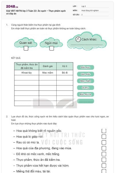 Giải VBT HĐTN lớp 3 Tuần 22: Ăn sạch – Thực phẩm sạch có đáp án