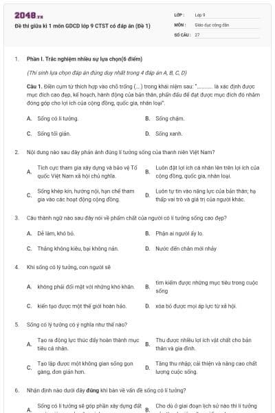 Đề thi giữa kì 1 môn GDCD lớp 9 CTST có đáp án (Đề 1)