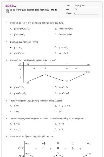 Giải Đề thi THPT Quốc gia môn Toán năm 2022 - Mã đề 102