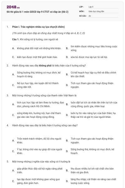 Đề thi giữa kì 1 môn GDCD lớp 9 CTST có đáp án (Đề 2)