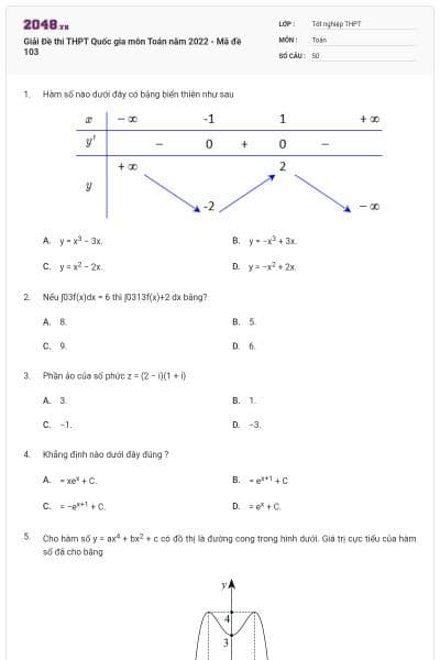 Giải Đề thi THPT Quốc gia môn Toán năm 2022 - Mã đề 103