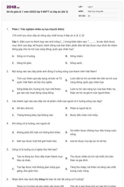 Đề thi giữa kì 1 môn GDCD lớp 9 KNTT có đáp án (Đề 3)
