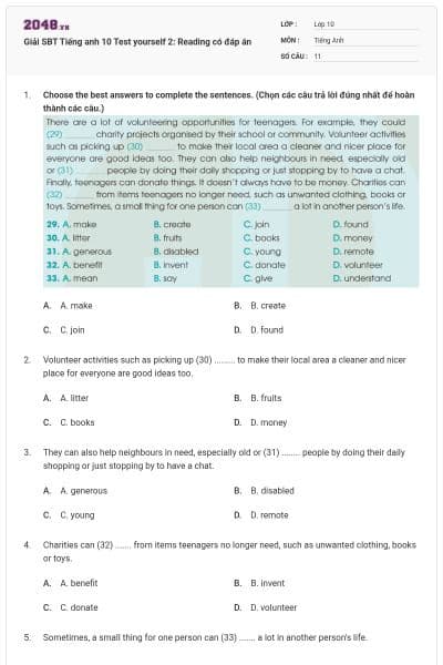 Giải SBT Tiếng anh 10 Test yourself 2: Reading có đáp án