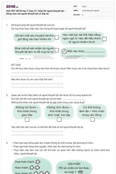 Giải VBT HĐTN lớp 3 Tuần 27: Giúp đỡ người khuyết tật – Đồng cảm với người khuyết tật có đáp án