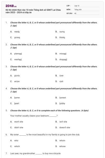 Đề thi chính thức vào 10 môn Tiếng Anh sở GDĐT Lai Châu năm 2023 - 2024 có đáp án