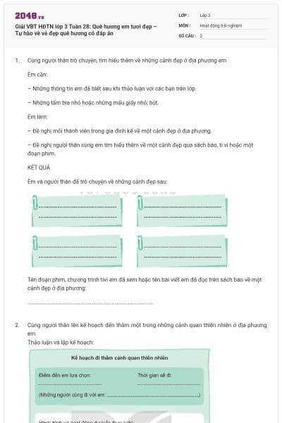 Giải VBT HĐTN lớp 3 Tuần 28: Quê hương em tươi đẹp – Tự hào về vẻ đẹp quê hương có đáp án