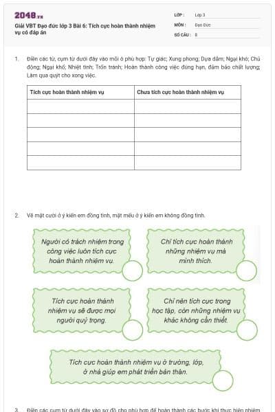 Giải VBT Đạo đức lớp 3 Bài 6: Tích cực hoàn thành nhiệm vụ có đáp án
