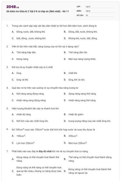 Đề kiểm tra Giữa kì 2 Vật lí 8 có đáp án (Mới nhất) - Đề 11