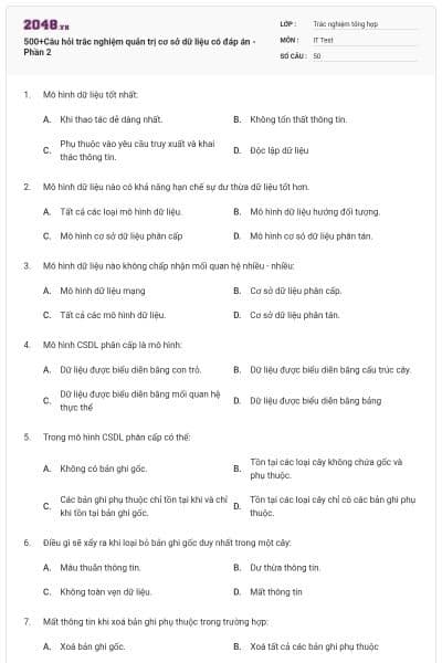 500+Câu hỏi trắc nghiệm quản trị cơ sở dữ liệu có đáp án - Phần 2