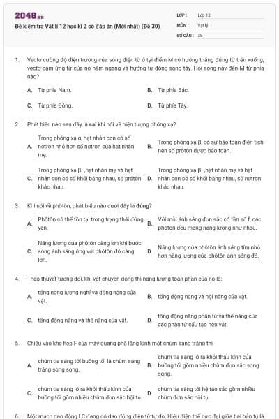Đề kiểm tra Vật lí 12 học kì 2 có đáp án (Mới nhất) (Đề 30)