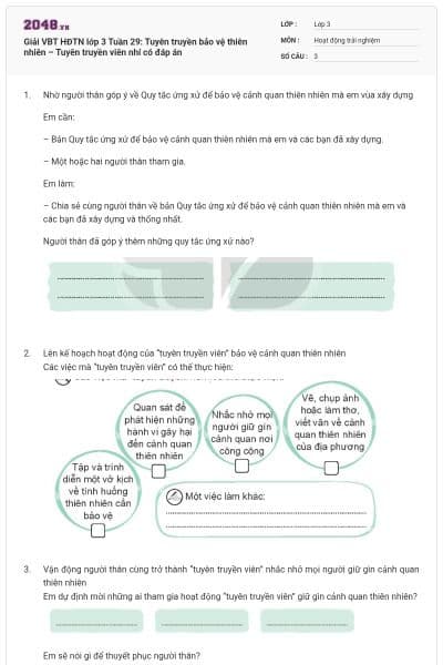 Giải VBT HĐTN lớp 3 Tuần 29: Tuyên truyền bảo vệ thiên nhiên – Tuyên truyền viên nhí có đáp án