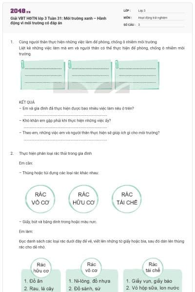 Giải VBT HĐTN lớp 3 Tuần 31: Môi trường xanh – Hành động vì môi trường có đáp án