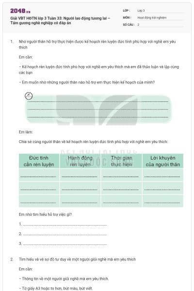 Giải VBT HĐTN lớp 3 Tuần 33: Người lao động tương lai – Tấm gương nghề nghiệp có đáp án
