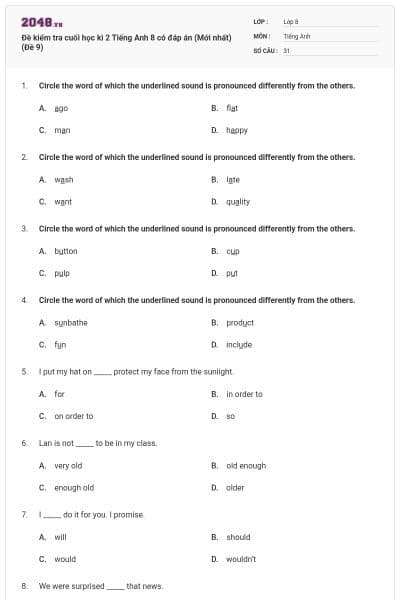 Đề kiểm tra cuối học kì 2 Tiếng Anh 8 có đáp án (Mới nhất) (Đề 9)