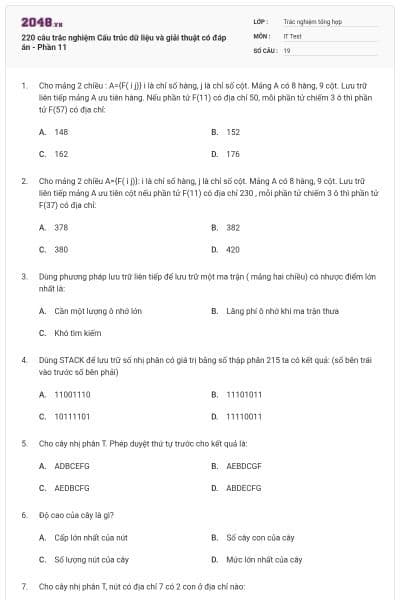 220 câu trắc nghiệm Cấu trúc dữ liệu và giải thuật có đáp án - Phần 11