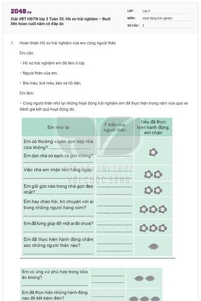 Giải VBT HĐTN lớp 3 Tuần 35: Hồ sơ trải nghiệm – Buổi liên hoan cuối năm có đáp án