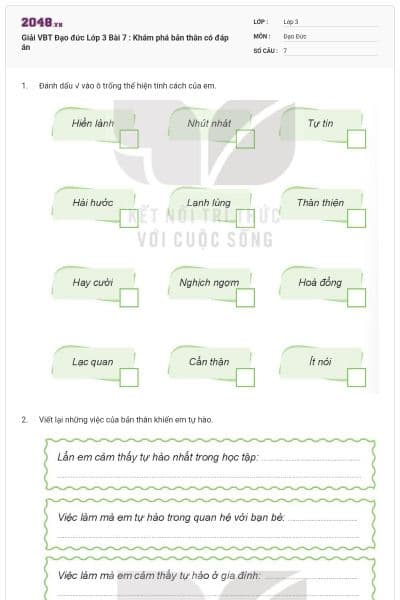 Giải VBT Đạo đức Lớp 3 Bài 7 : Khám phá bản thân có đáp án
