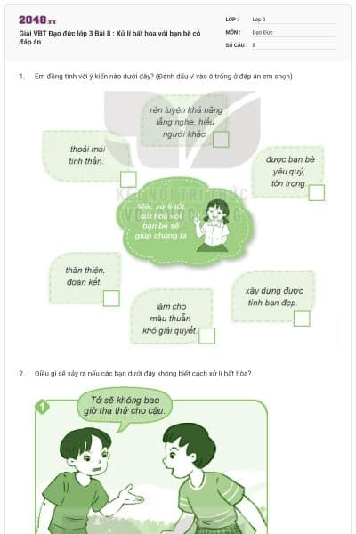 Giải VBT Đạo đức lớp 3 Bài 8 : Xử lí bất hòa với bạn bè có đáp án