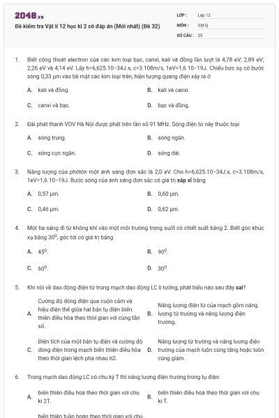 Đề kiểm tra Vật lí 12 học kì 2 có đáp án (Mới nhất) (Đề 32)