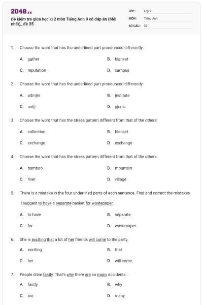 Đề kiểm tra giữa học kì 2 môn Tiếng Anh 9 có đáp án (Mới nhất)_ đề 35
