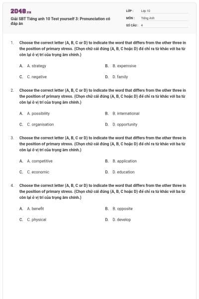 Giải SBT Tiếng anh 10 Test yourself 3: Pronunciation có đáp án