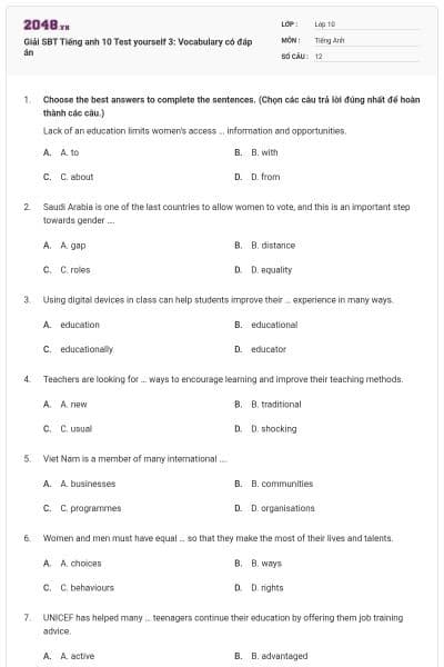 Giải SBT Tiếng anh 10 Test yourself 3: Vocabulary có đáp án