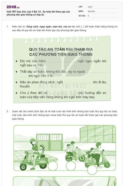 Giải VBT Đạo đức Lớp 3 Bài 10 : An toàn khi tham gia các phương tiện giao thông có đáp án