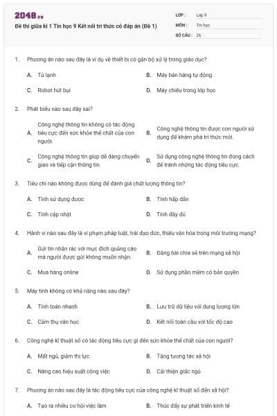 Đề thi giữa kì 1 Tin học 9 Kết nối tri thức có đáp án (Đề 1)