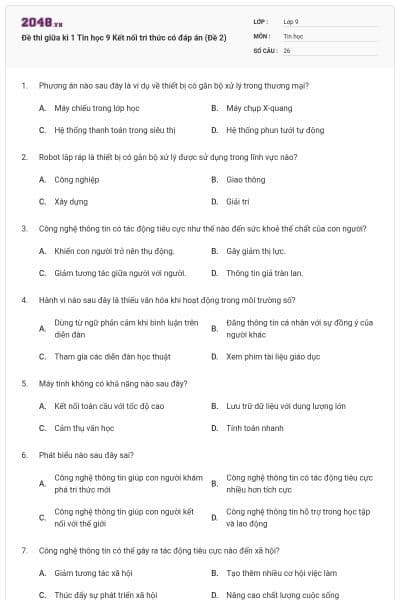 Đề thi giữa kì 1 Tin học 9 Kết nối tri thức có đáp án (Đề 2)