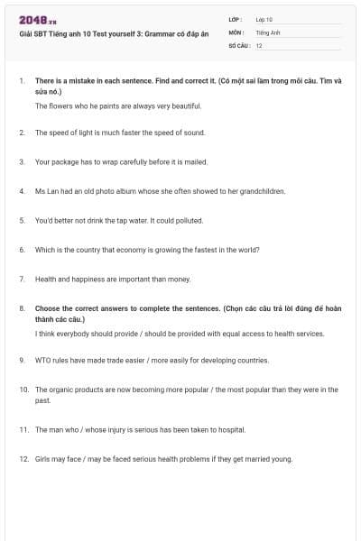 Giải SBT Tiếng anh 10 Test yourself 3: Grammar có đáp án