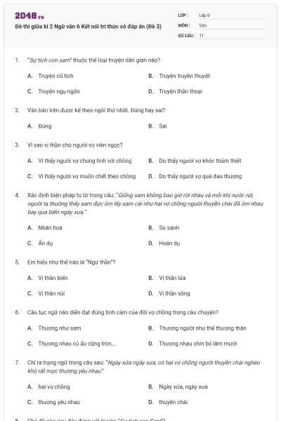 Đề thi giữa kì 2 Ngữ văn 6 Kết nối tri thức có đáp án (Đề 3)
