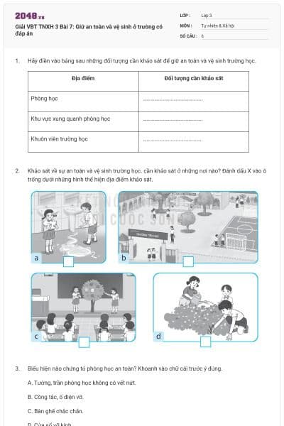 Giải VBT TNXH 3 Bài 7: Giữ an toàn và vệ sinh ở trường có đáp án