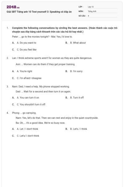 Giải SBT Tiếng anh 10 Test yourself 3: Speaking có đáp án