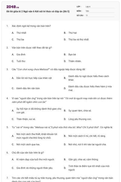 Đề thi giữa kì 2 Ngữ văn 6 Kết nối tri thức có đáp án (Đề 5)