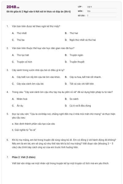 Đề thi giữa kì 2 Ngữ văn 6 Kết nối tri thức có đáp án (Đề 6)