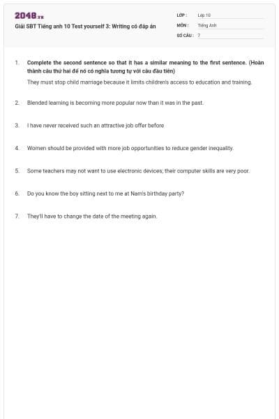 Giải SBT Tiếng anh 10 Test yourself 3: Writing có đáp án